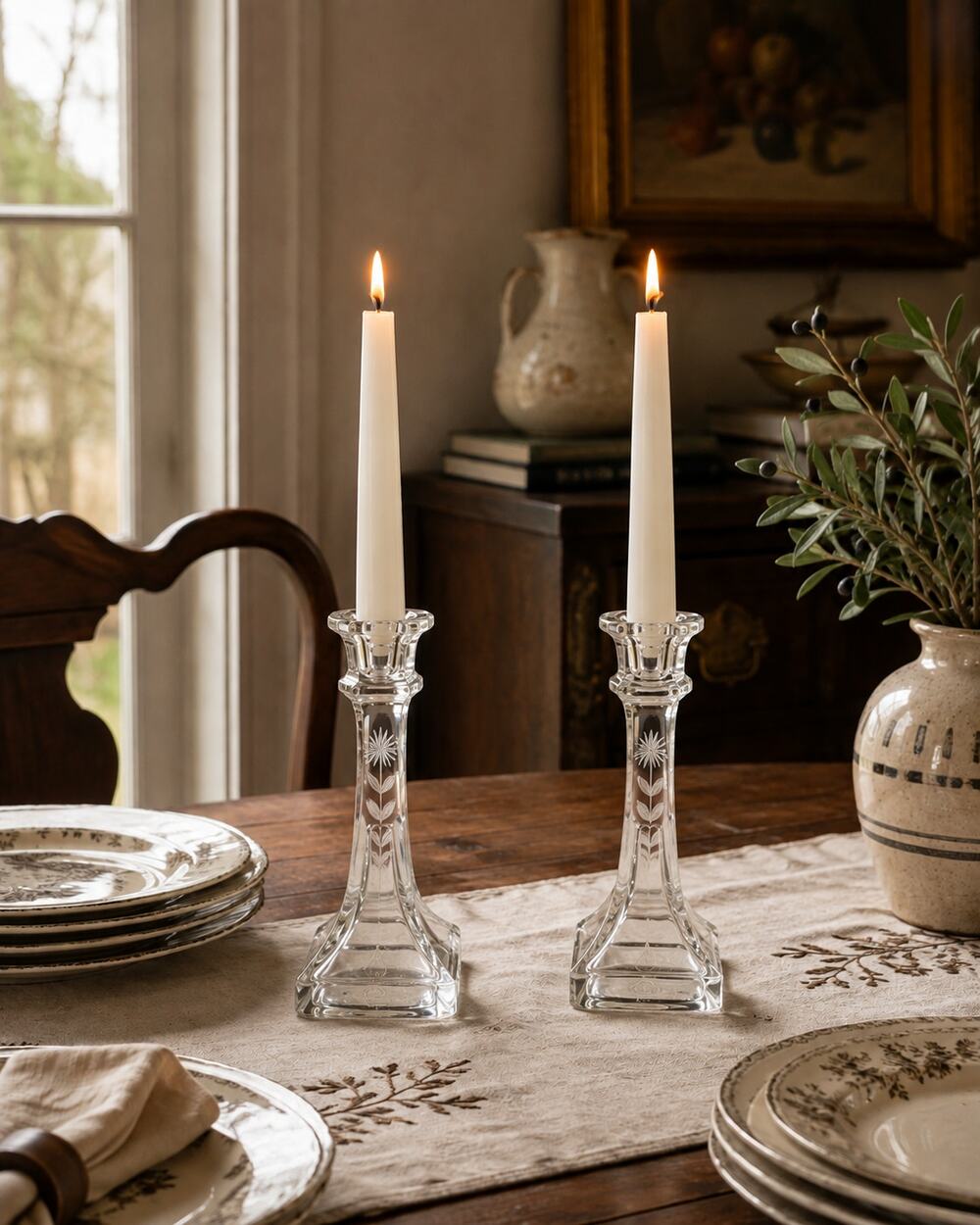 Pair Vintage Etched Glass Tapered Candle Stick Holders Etched Flower on 4 sides
